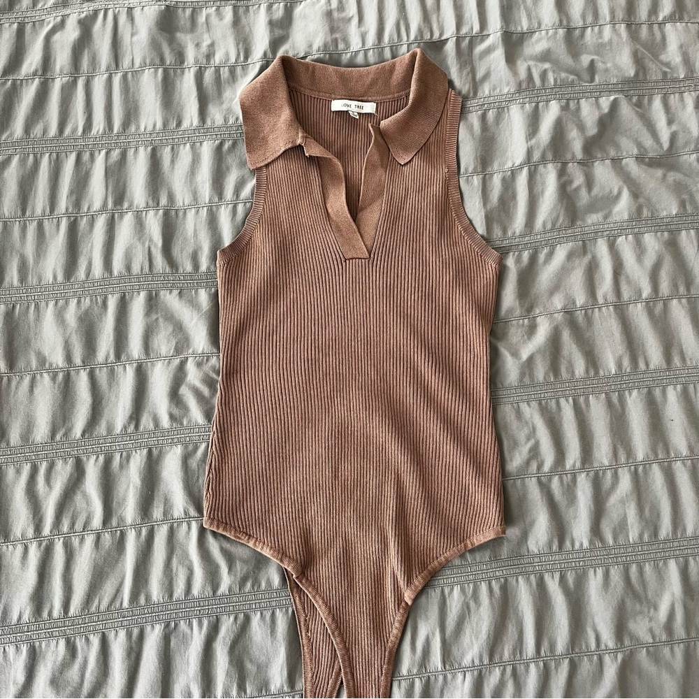 Love Tree Brown Ribbed Bodysuit Sz S EUC